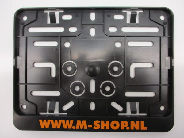 Kentekenplaathouder Motorfiets liggend – Opdruk “M-Shop” – Zwart, 210x143mm